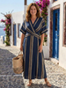 FJØRNA women's summer midi dress with striped pattern and V-neck, stylish and comfortable for warm weather.