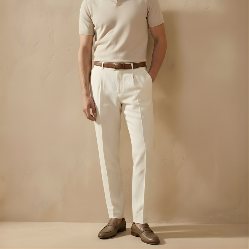 FJØRNA men's linen blend straight leg trousers with relaxed fit, shown in a neutral color, casual and comfortable for warm weather.