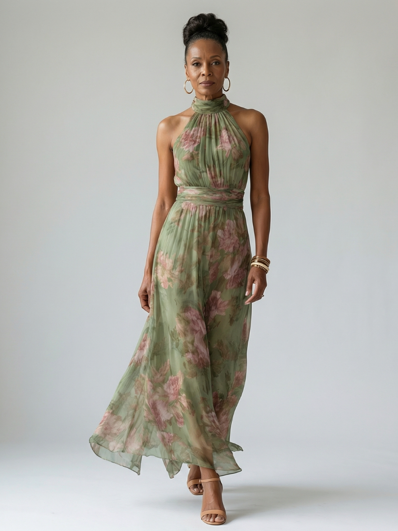 FJØRNA women's summer maxi dress featuring a floral pattern, halter neck, sleeveless design, lightweight fabric for warm weather.
