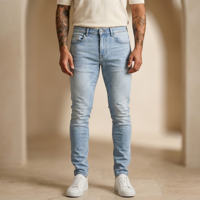 Men's tailored denim jeans by FJØRNA, showing classic blue pants with front pockets and a slim fit design.