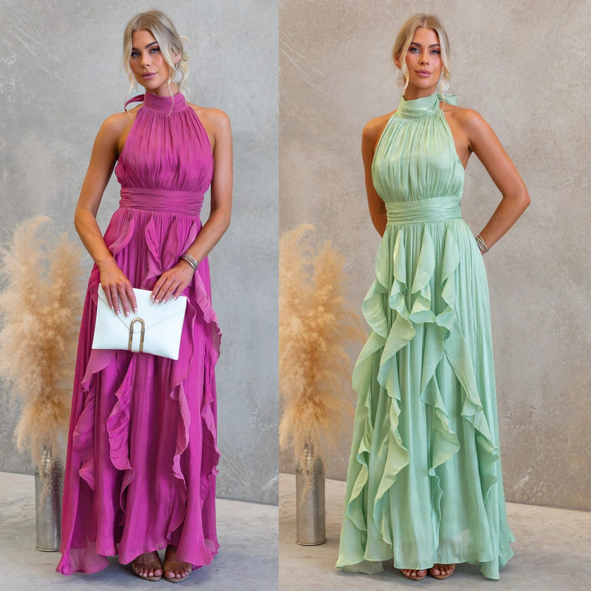 FJØRNA elegant women's maxi dress with halter neck and ruffle details, flowing fabric, and a stylish design for special occasions