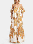 FJØRNA women's floral print sling dress in mini, midi, and maxi lengths, featuring vibrant flower patterns and a stylish silhouette.