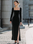 FJØRNA velvet long-sleeve square-neck gown with rhinestone trim, elegant women's dress featuring a flowing silhouette and luxurious fabric.