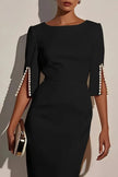 FJØRNA solid color elegant round neck midi dress with half sleeves and beaded decoration, slim fit design.