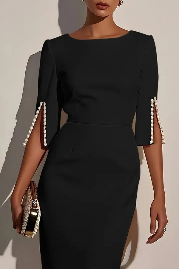 FJØRNA solid color elegant round neck midi dress with half sleeves and beaded decoration, slim fit design.