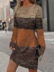 FJØRNA long sleeves midi dress with contrast color print, split-joint round neck, loose fit, and stylish design.