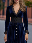 FJØRNA velvet lace-trim button-front midi dress for women, featuring a fitted silhouette and elegant lace detailing.