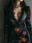 Boho Floral Print V-Neck Velvet Bodycon Women's Mini Dress