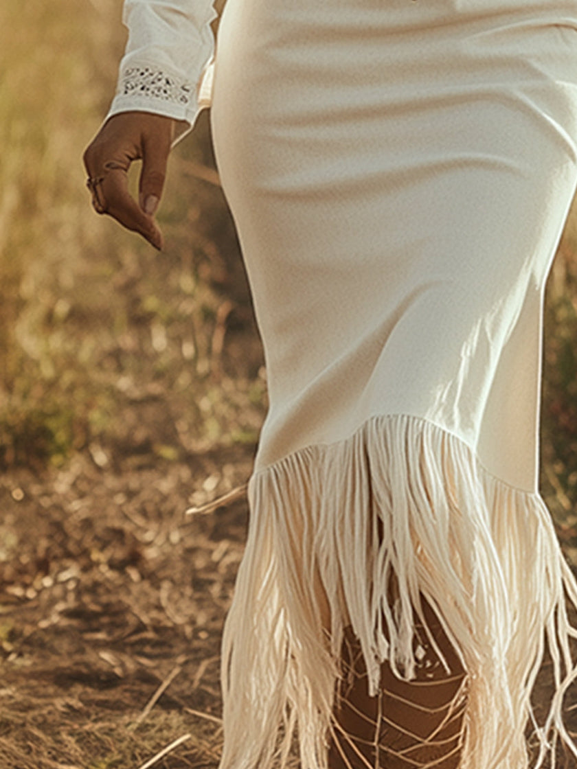 White Denim Tassel Maxi Dress | Casual Dress