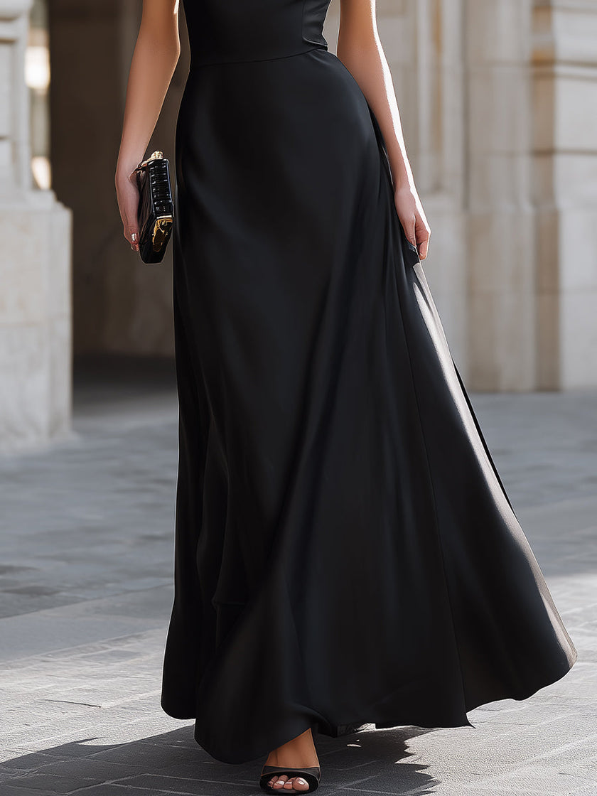 FJØRNA one-shoulder draped high-neck maxi dress in flowing fabric, stylish evening dress with elegant silhouette.