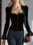 Black velvet lace long sleeve blouse for women by FJØRNA, featuring elegant lace details and a stylish fit.