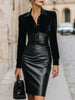 FJØRNA velvet and faux leather contrast midi dress for women, showcasing a stylish midi-length dress with luxurious fabric details.