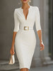 White FJØRNA deep V-neck sheath midi dress with gold buckle waist belt, featuring a fitted silhouette and elegant design.