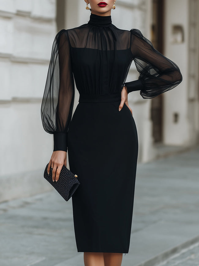 FJØRNA high-neck sheer sleeve tailored pencil midi dress for cocktail events, featuring elegant design and fitted silhouette.