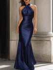 FJØRNA satin halter neck ruched maxi dress with long sleeves, elegant evening dress with smooth satin fabric and fitted silhouette