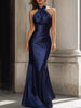 FJØRNA satin halter neck ruched maxi dress with long sleeves, elegant evening dress with smooth satin fabric and fitted silhouette