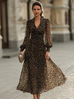 FJØRNA leopard print wrap midi dress with long sleeves, stylish and elegant for casual or evening wear.