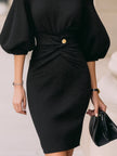 FJØRNA elegant sparkle knit puff-sleeve waist twist midi dress, featuring a stylish leather midi dress design with shimmering details.