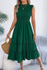 FJØRNA solid color sleeveless casual midi dress with tucked patchwork design, perfect for relaxed everyday wear.