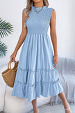 FJØRNA solid color sleeveless casual midi dress with tucked patchwork design, perfect for everyday wear