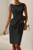 FJØRNA sleeveless knee-length mini dress with solid color bow decoration at round neckline, perfect for casual or semi-formal wear.