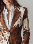 FJØRNA brown cow print suede blazer for women, stylish tailored blazer with cow print pattern and suede texture.
