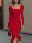 FJØRNA red square-neck puff-sleeve bodycon midi dress shown on a model, featuring a fitted silhouette and stylish design.