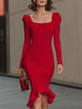 FJØRNA red square-neck puff-sleeve bodycon midi dress shown on a model, featuring a fitted silhouette and stylish design.
