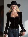 Black velvet lace long sleeve blouse for women by FJØRNA, stylish and elegant top with intricate lace details and fitted sleeves.
