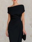 FJØRNA minimalist black asymmetric one-shoulder midi dress, elegant evening dress with sleek design and modern silhouette.
