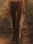 FJØRNA brown Western fringe flared jeans for women, showcasing the stylish flared cut and fringe details on denim pants.
