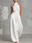 FJØRNA woven sleeveless halter-neck jumpsuit for women with wide-leg pants, elegant and stylish for summer wear.