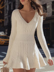 FJØRNA cozy cable knit sweater dress with V-neck and flare hem, mini length, perfect for stylish women’s casual wear.