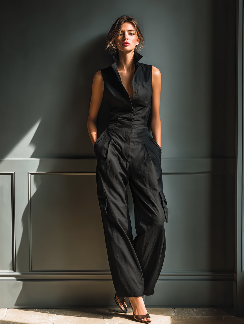 FJØRNA women's cotton-linen sleeveless jumpsuit with collar, cargo pockets, and wide-leg design, suitable as stylish summer pants.
