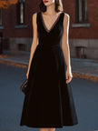 FJØRNA black velvet sleeveless mesh V-neck fit and flare midi dress for women, stylish and elegant evening wear.