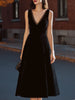 FJØRNA black velvet sleeveless mesh V-neck fit and flare midi dress for women, stylish and elegant evening wear.