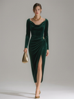 FJØRNA velvet midi dress for evening wear, featuring a sleek silhouette and elegant design, shown in a stylish fabric.