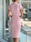 Sky blue FJØRNA asymmetrical dress with belt, stylish women's dress featuring a modern silhouette and elegant design.