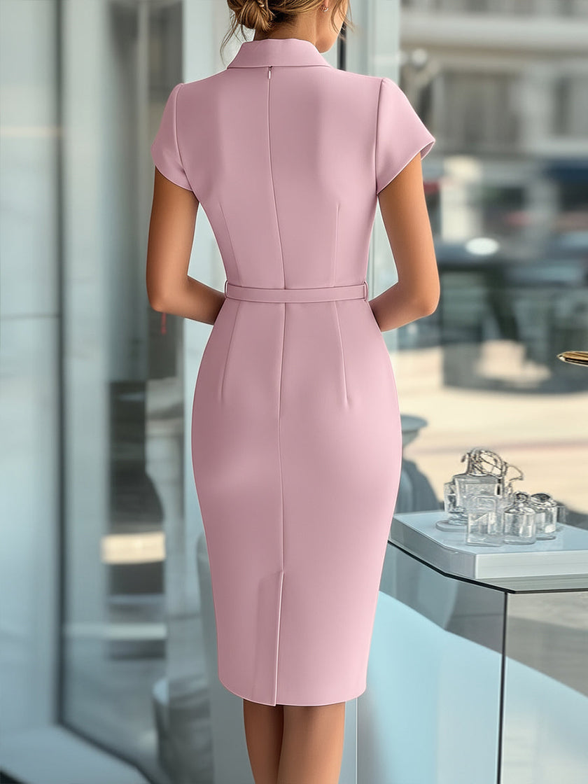 Sky blue FJØRNA asymmetrical dress with belt, stylish women's dress featuring a modern silhouette and elegant design.