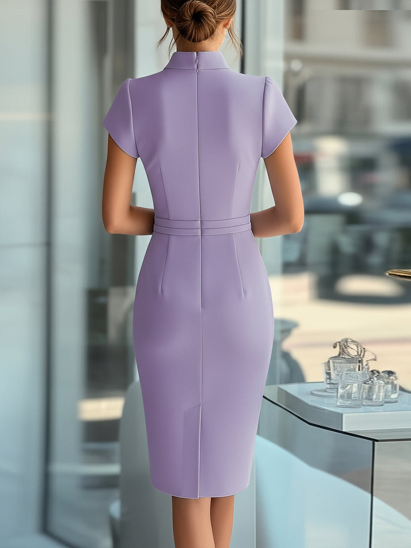 FJØRNA sky blue asymmetrical dress with belt for women, featuring a modern, sleek design and elegant silhouette.