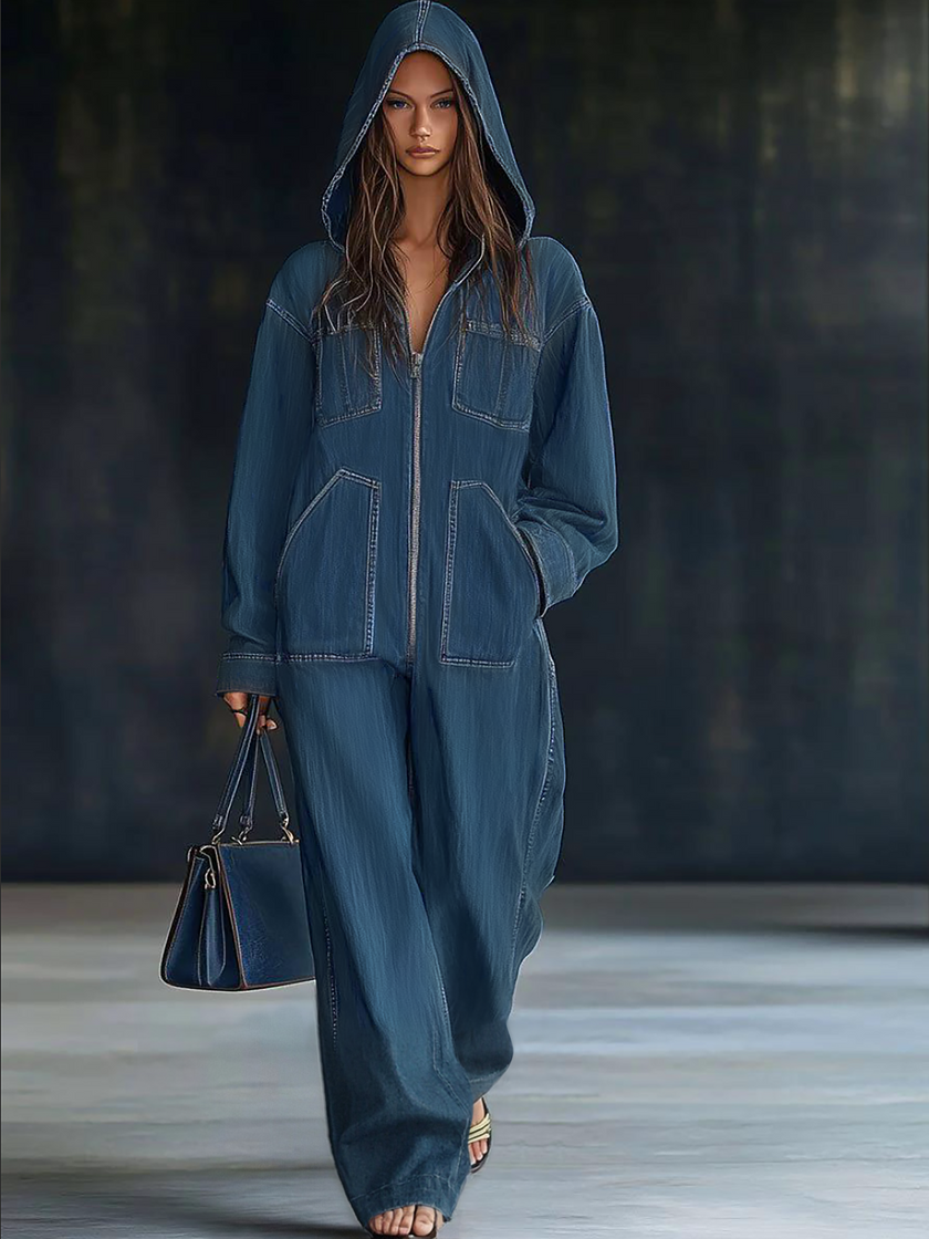 FJØRNA casual loose retro denim jumpsuit with long sleeves, hood, zipper, and front pockets, styled for a relaxed look.