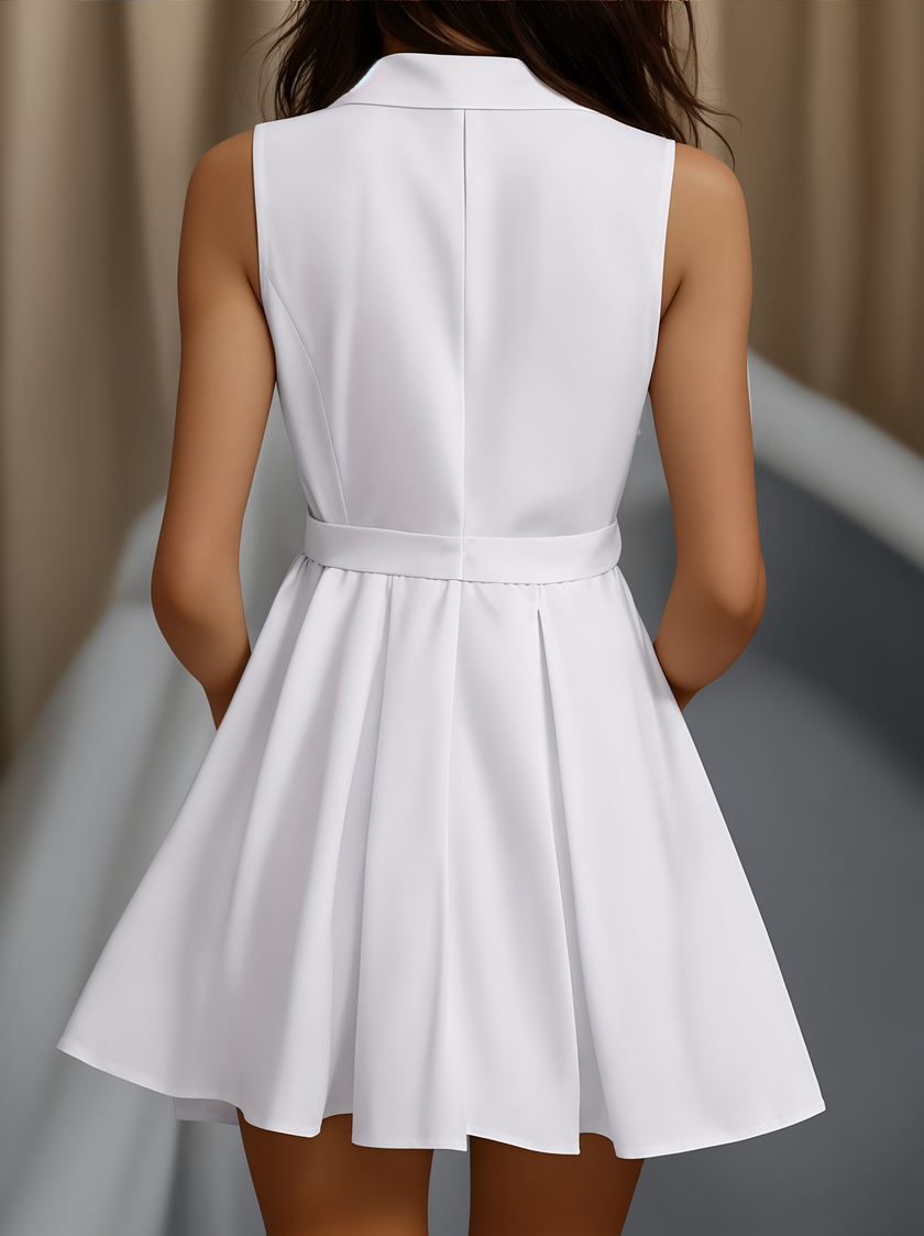 White pleated mini shirt dress by FJØRNA, featuring a collared neckline, long sleeves, and a relaxed fit with pleated skirt detail.
