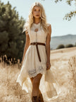 FJØRNA lace sleeveless midi dress with casual style, featuring delicate lace fabric and a fitted silhouette on a model.