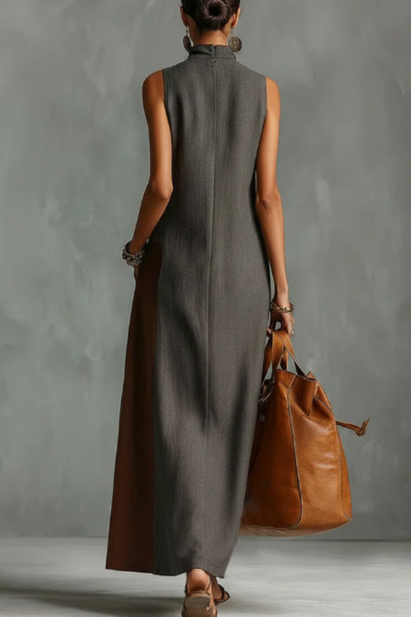 Color-blocked high-neck sleeveless casual maxi dress by FJØRNA with pockets, featuring a stylish design and vibrant colors.