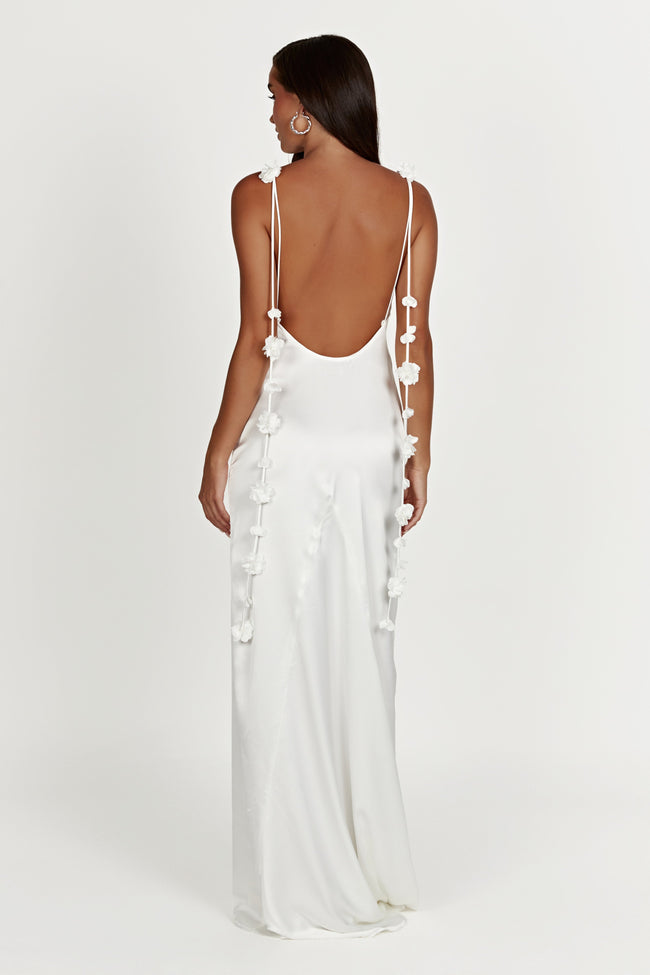 FJØRNA Studio | Satin Bridal Gown with 3D Floral Straps and Low Back