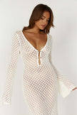 FJØRNA Studio | Crochet Maxi Dress with Flared Sleeves & Gold Details