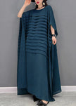 FJØRNA Grace Green O-neck striped chiffon ankle dress with batwing sleeves, stylish green maxi dress perfect for elegant occasions.