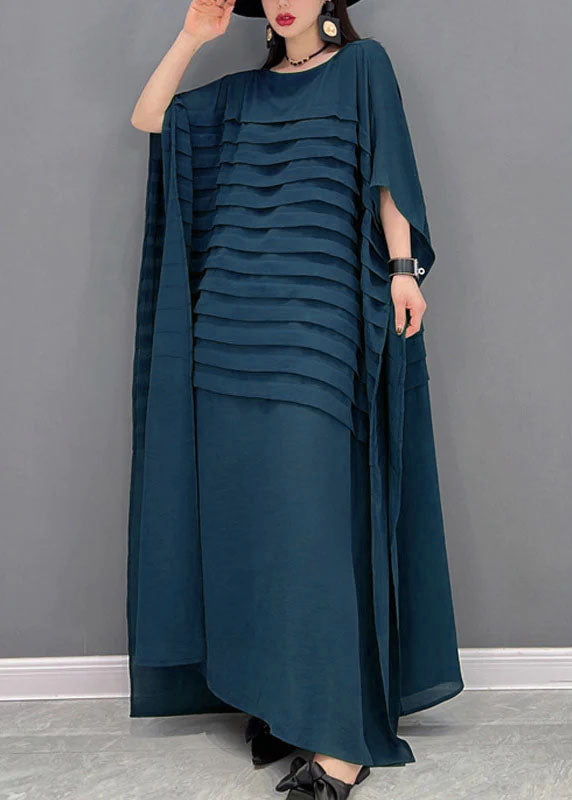 FJØRNA Grace Green O-neck striped chiffon ankle dress with batwing sleeves, stylish green maxi dress perfect for elegant occasions.