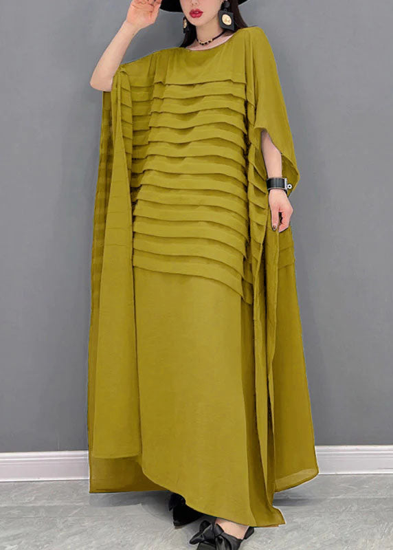 FJØRNA Grace Green O-neck striped chiffon ankle dress with batwing sleeves, featuring a maxi length and elegant style.