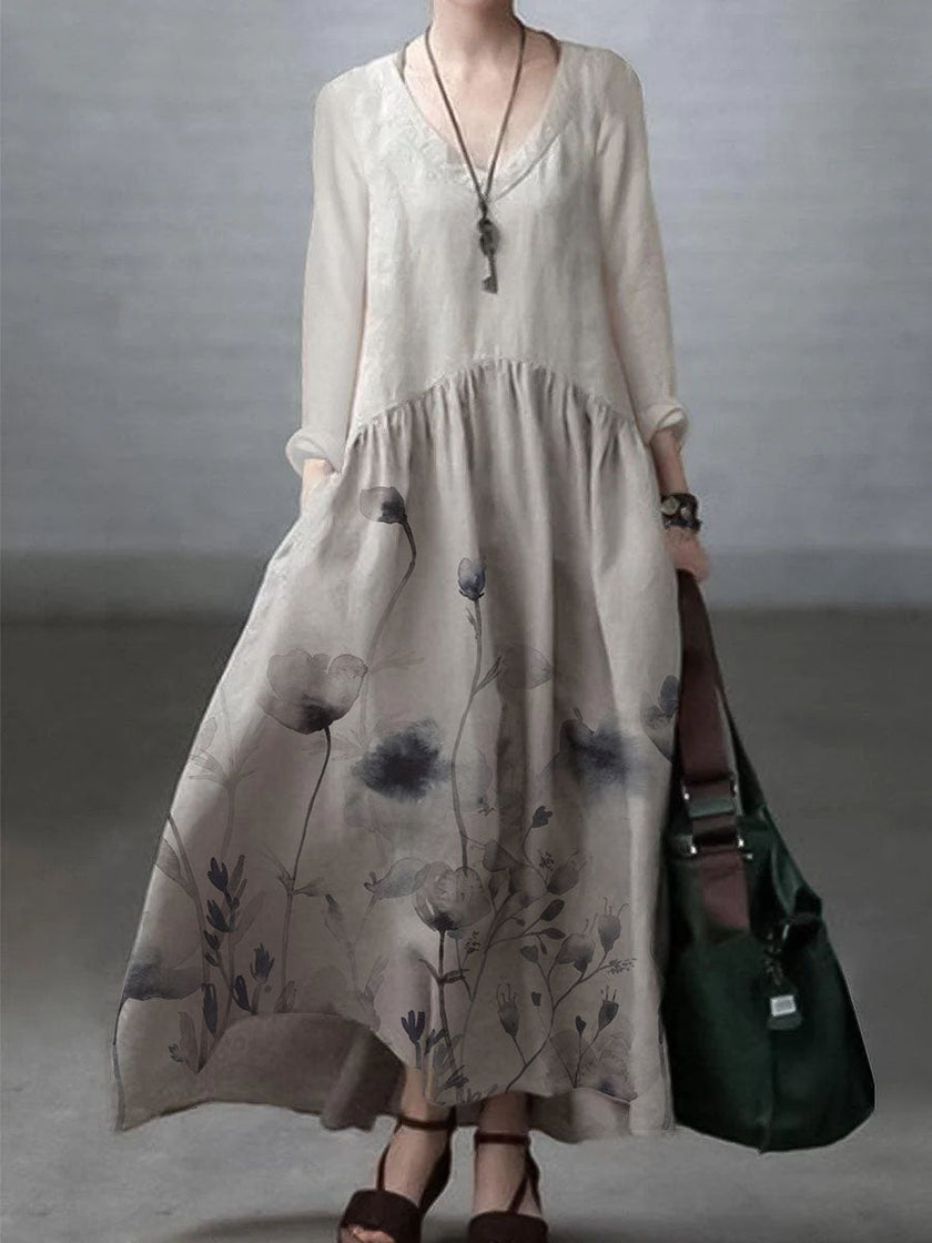 FJØRNA loose V-neck cotton and linen dress, casual wedding dress with simple, flowing design and natural fabric details.
